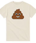 Klassisk bajsemoji med glatt leende ansikte på vit t-shirt.