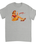 Grafiskt tryck av pinup-brud med rött hårband på grå t-shirt