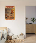 Satirisk Alfons Åberg-poster: gråtande barn med blodig såg, text "Alfons skulle akta sig för sågen. Alfons ignorerade det.