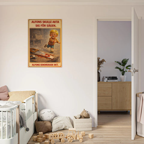 Satirisk Alfons Åberg-poster: gråtande barn med blodig såg, text "Alfons skulle akta sig för sågen. Alfons ignorerade det.