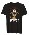 Svart t-shirt med kaxigt hundmotiv i färgstark cartoon-stil