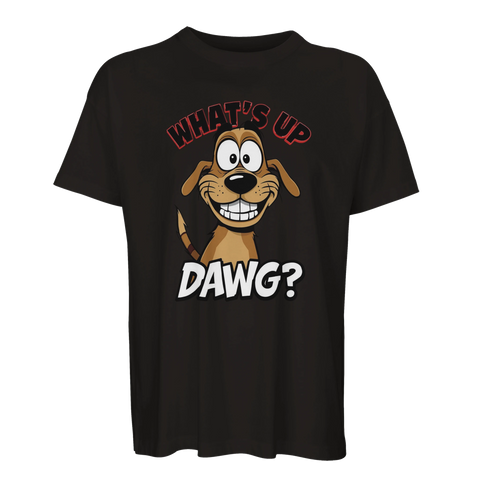 Svart t-shirt med kaxigt hundmotiv i färgstark cartoon-stil