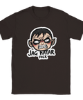 Provokativ illustration av en arg pojke med texten Jag hatar folk på brun t-shirt