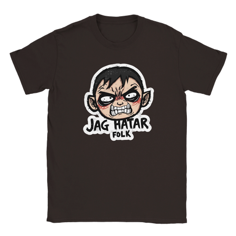 Provokativ illustration av en arg pojke med texten Jag hatar folk på brun t-shirt