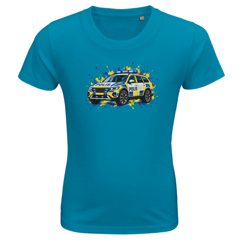 Turkos barn-t-shirt med en svensk polisbil och färgstänk