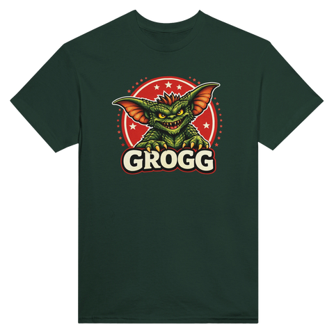 Nördig monsterdesign med en elak liten varelse och texten Grogg – humoristisk t-shirt