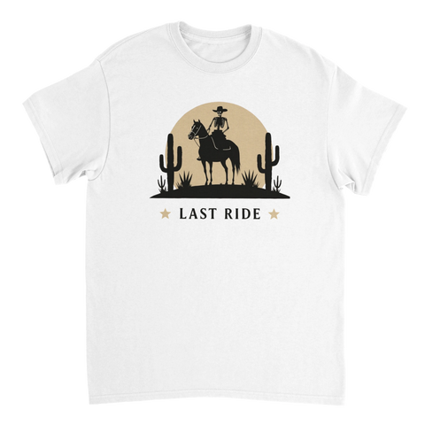Grafiskt western-motiv med skelett till häst och kaktusar på vit t-shirt