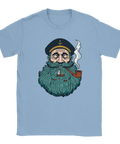 Illustration av sjökapten med skägg som formar ett hav på ljusblå t-shirt