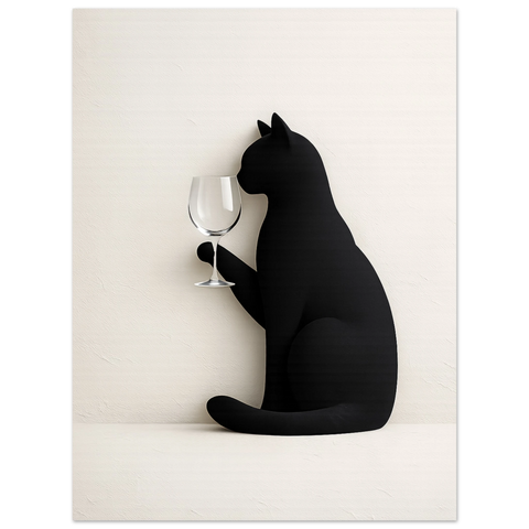 Inredningsbild med en inramad tavla på en svart katt som dricker vin, placerad i ett ljust och modernt vardagsrum.