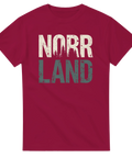 Rustikt Norrland-tryck med grafiska detaljer på röd t-shirt