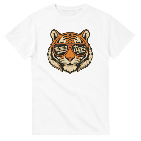 Retro illustration av tigerhuvud i solglasögon med texten mama tiger