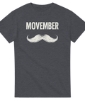 Stilren illustration av vit mustasch och text på mörkgrå t-shirt