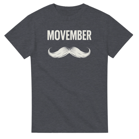 Stilren illustration av vit mustasch och text på mörkgrå t-shirt