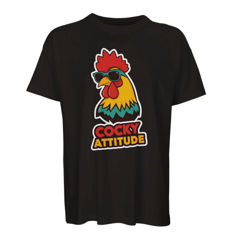 Svart t-shirt med färgstark illustration av en tupp med attityd
