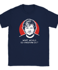 Humoristisk t-shirt i marinblått med grafiskt pop-art motiv och text