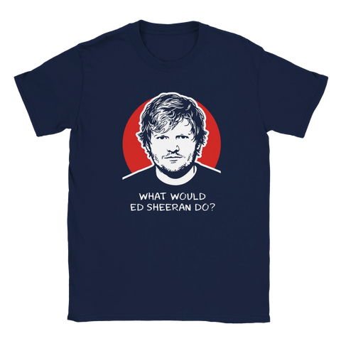 Humoristisk t-shirt i marinblått med grafiskt pop-art motiv och text