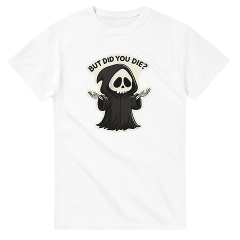 Minimalistisk design med tecknad dödgrävare och kaxig text – humor t-shirt