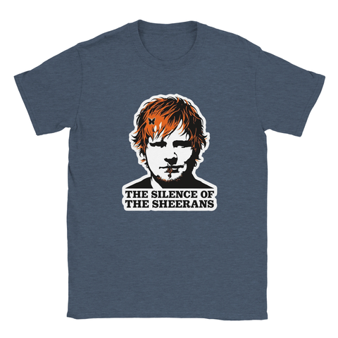 T-shirt med absurd popkultur-parodi och orange hårdetaljer på melerad blå bas
