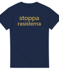 Guldtryck med texten Stoppa rasisterna – statement t-shirt för aktivister