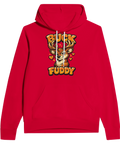 Lekfull hjort med stora horn och text på klarröd hoodie.