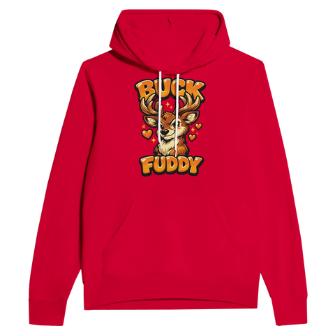 Lekfull hjort med stora horn och text på klarröd hoodie.