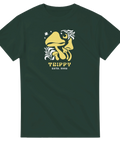 Grafiskt svampmotiv i gult och vitt på en mörkgrön t-shirt