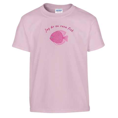 Lekfull illustration av en rosa fisk med text – ljusrosa barntröja