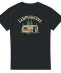 Klassisk t-shirt med nostalgiskt grafiskt tryck av en husvagn och grill