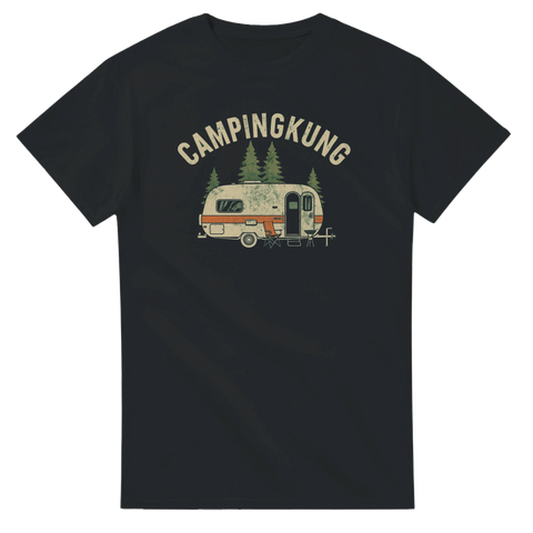 Klassisk t-shirt med nostalgiskt grafiskt tryck av en husvagn och grill