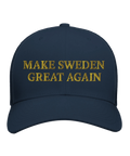Marinblå truckerkeps i retrostil med texten Make Sweden Great Again
