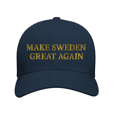 Marinblå truckerkeps i retrostil med texten Make Sweden Great Again