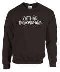 Brun sweatshirt med texten ”Katthår – bryr mig inte”.