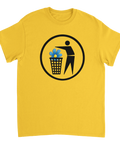 Politisk satirisk illustration av en blåsippa i en papperskorg på gul t-shirt