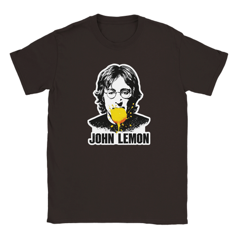 Vintagedesign med John Lemon-tryck på en mörkbrun bomullströja