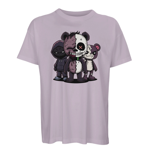 Zombifierad panda med två dödskallekompisar på ljuslila ekologisk oversized t-shirt.