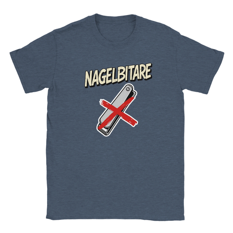 Stålblå t-shirt med lekfullt motiv om bristande självkontroll