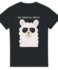Lama med solglasögon och texten "NO DRAMA, BITCH" på en svart t-shirt.