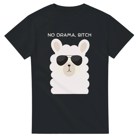 Lama med solglasögon och texten "NO DRAMA, BITCH" på en svart t-shirt.