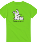 Limegrön t-shirt med en kanin och en groda med hjärta och texten Nämen snygging.