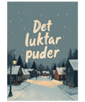 Illustration av små trähus i snöfall under kvällstid med texten Det luktar puder centrerat över himlen.