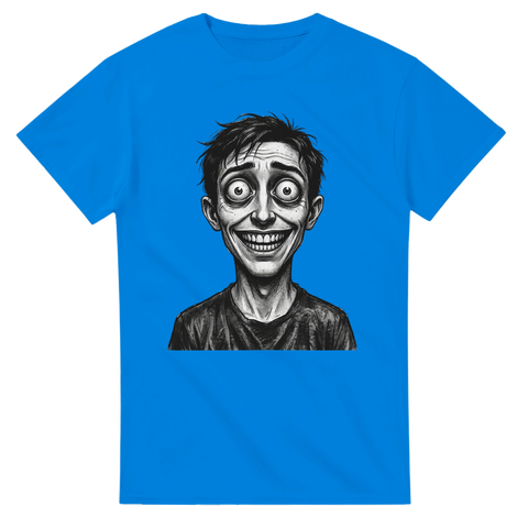 Obehaglig karaktär med stora ögon – dark humor tryck på blå t-shirt