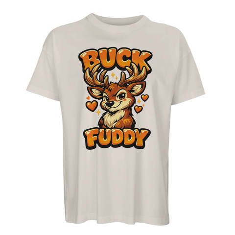 Vit oversized t-shirt med lekfullt Buck Fuddy-tryck och hjärtan
