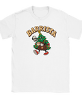 Vit t-shirt med en kaffeserverande julgran och texten ”Barrista”.