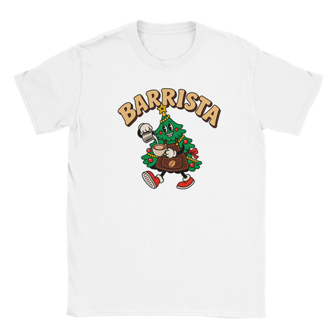 Vit t-shirt med en kaffeserverande julgran och texten ”Barrista”.