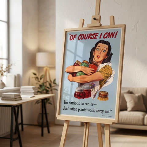 Inramad vintage poster på ett staffli i ett ljust modernt vardagsrum