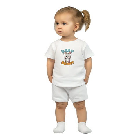 Söt tecknad kanin med texten "BABY BUNNY" på vit baby t-shirt.