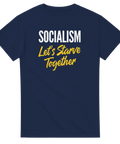 Marinblå t-shirt med satirisk textdesign i vitt och gult