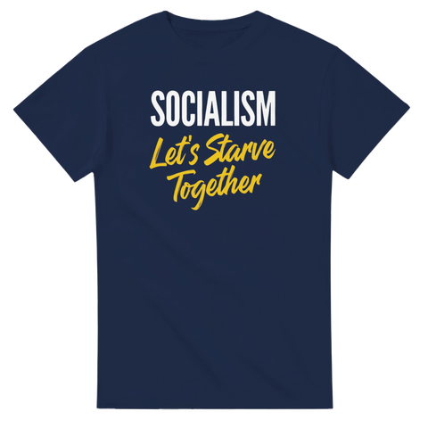 Marinblå t-shirt med satirisk textdesign i vitt och gult