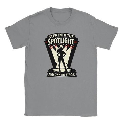Step into the Spotlight" retrodesign med silhuett av kvinna i rampljus på grå t-shirt.