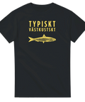 Typiskt Västkustskt" text med gul fisk på svart t-shirt.